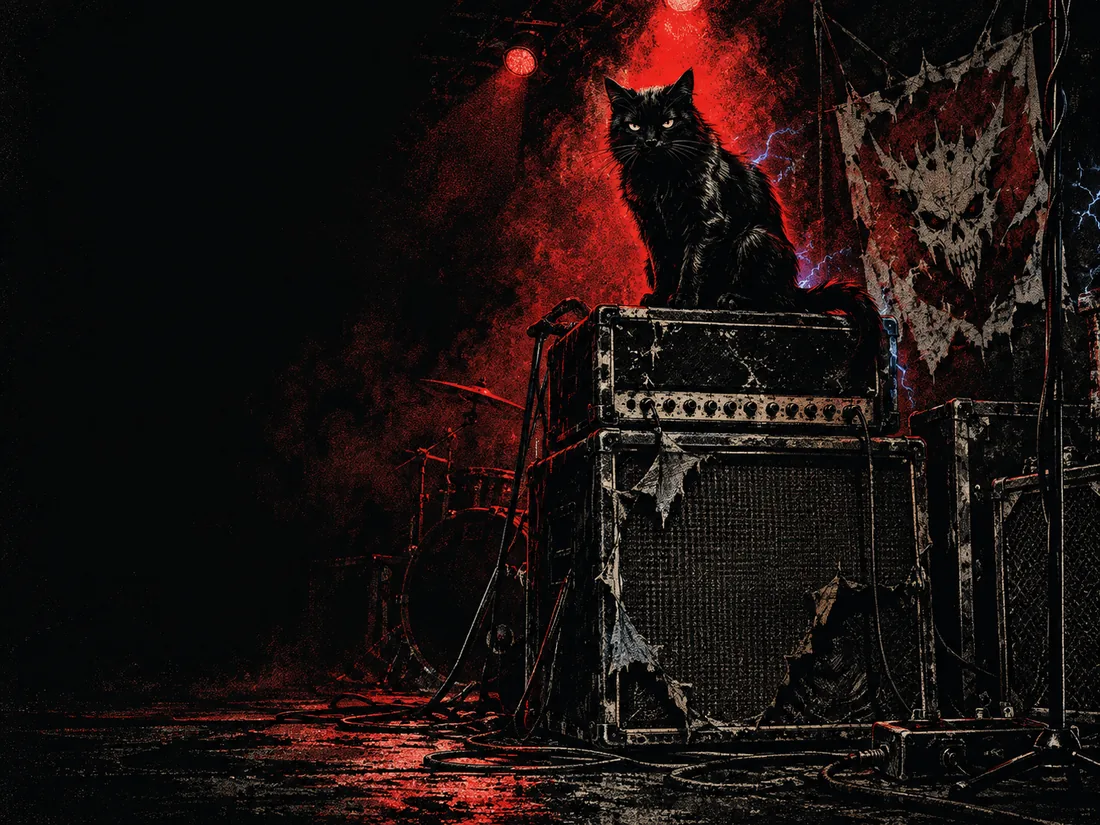 A black cat perched on a battered amplifier stack under red stage lights